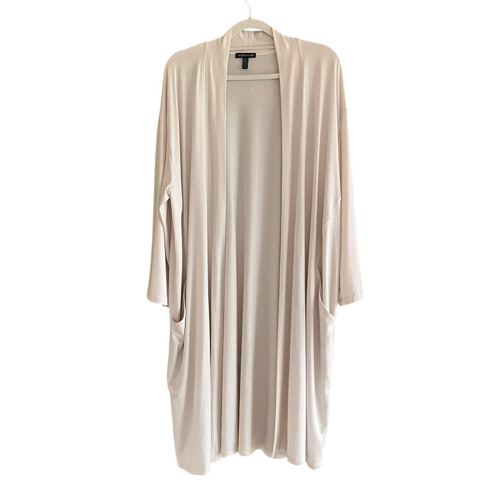 Eileen Fisher Kimono Cardigan Long Open Front Bone Tencel Pockets M Essential